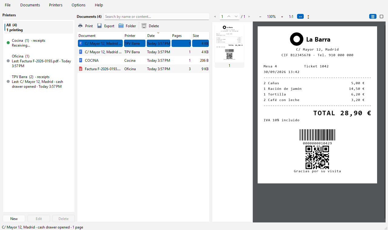 Virtual Printer window: virtual printers, captured documents and a POS receipt preview