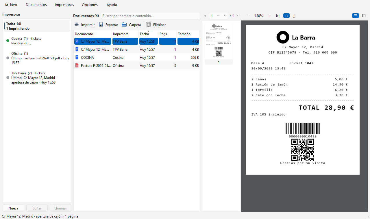 Ventana de Virtual Printer: impresoras virtuales, documentos capturados y la vista previa de un ticket